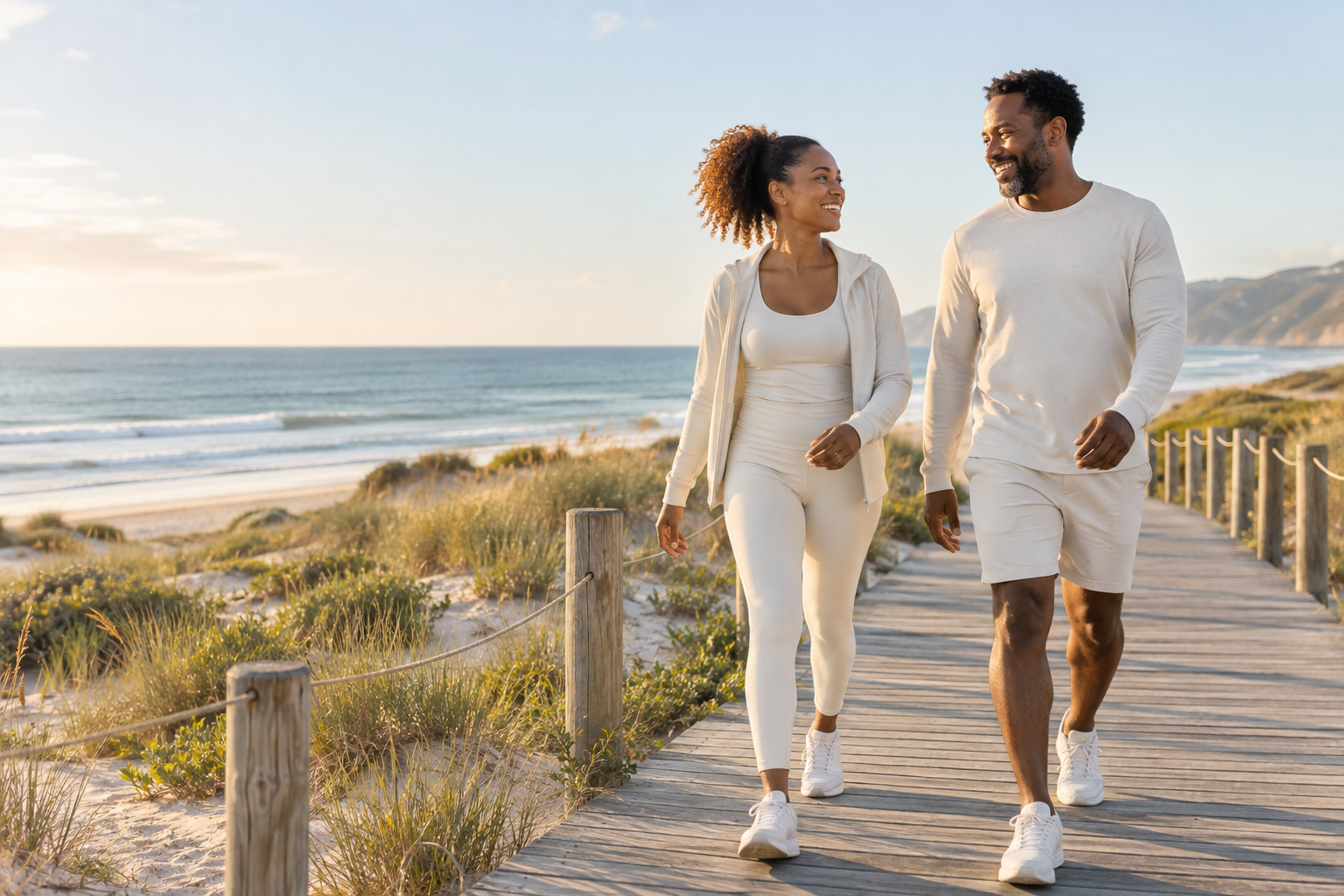 A couple enjoying a sunny walk together by the coast