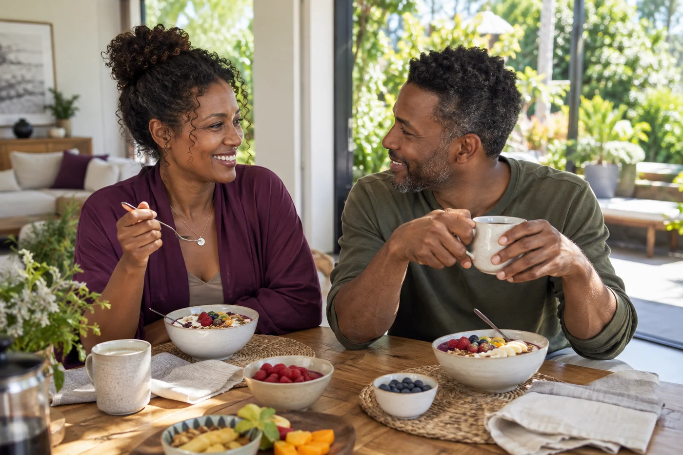 A couple enjoying a colorful breakfast together at home