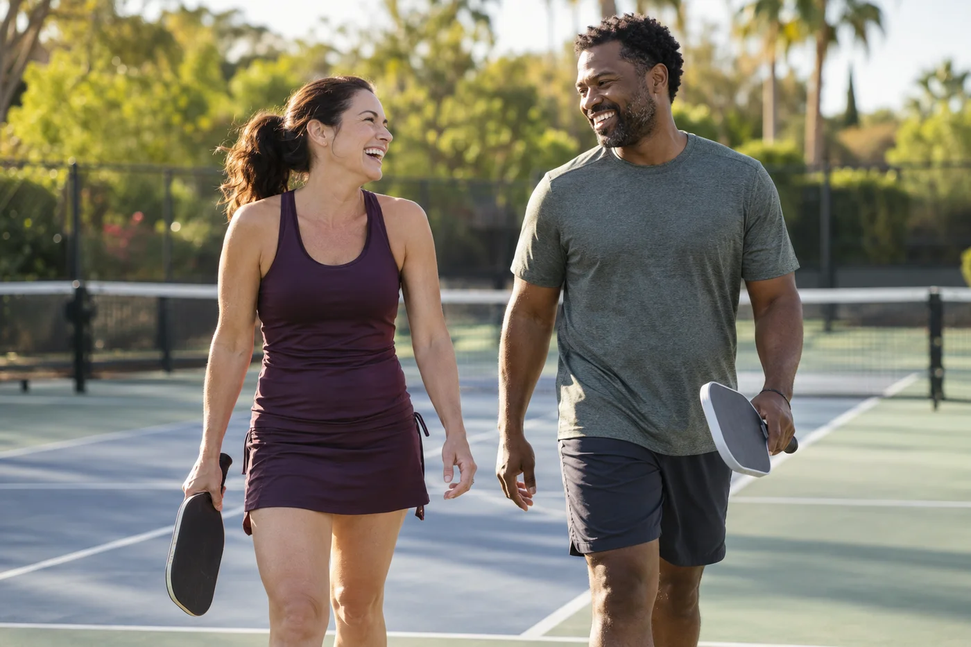 Two friends sharing a laugh between points on a sunny pickleball court